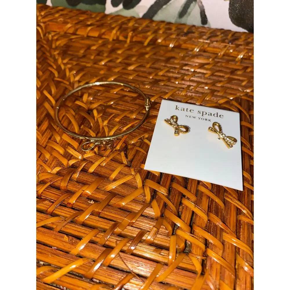 Kate Spade Bow Jewelry Bundle Lot Set Earrings NWT Bow Bangle Bracelet Gold - Picture 3 of 9